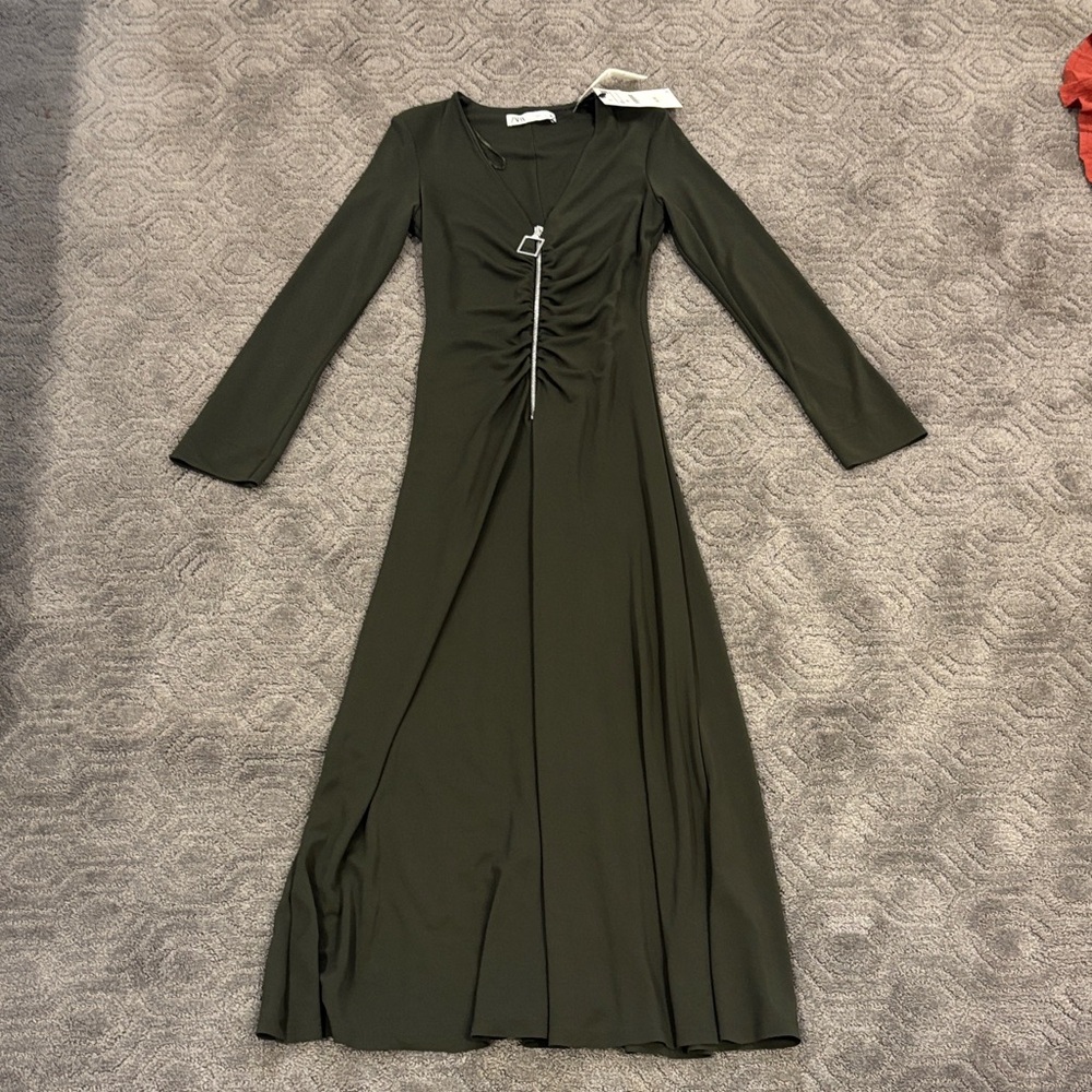 Zara Dark Green Long Sleeve Dress with Zipper